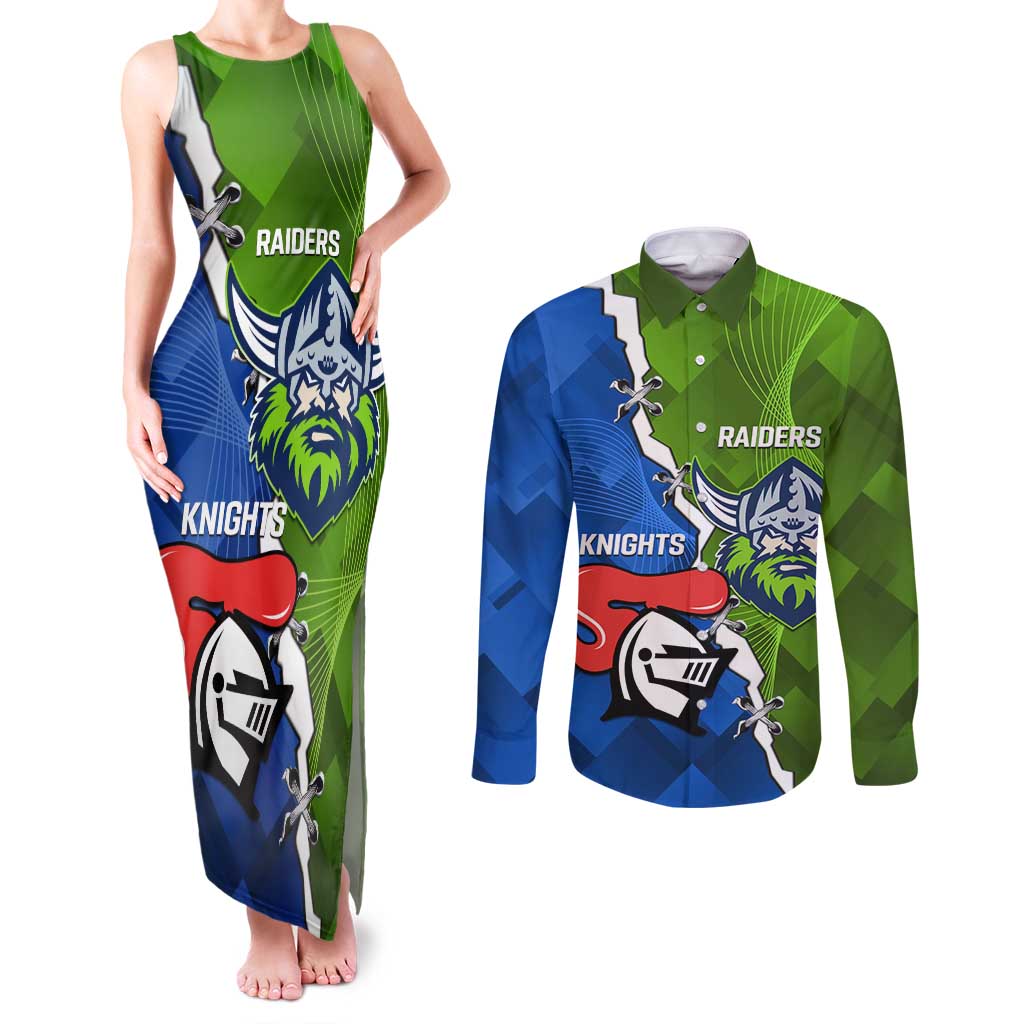 Custom Raiders And Knights Couples Matching Tank Maxi Dress and Long Sleeve Button Shirt Together Dynamic Style