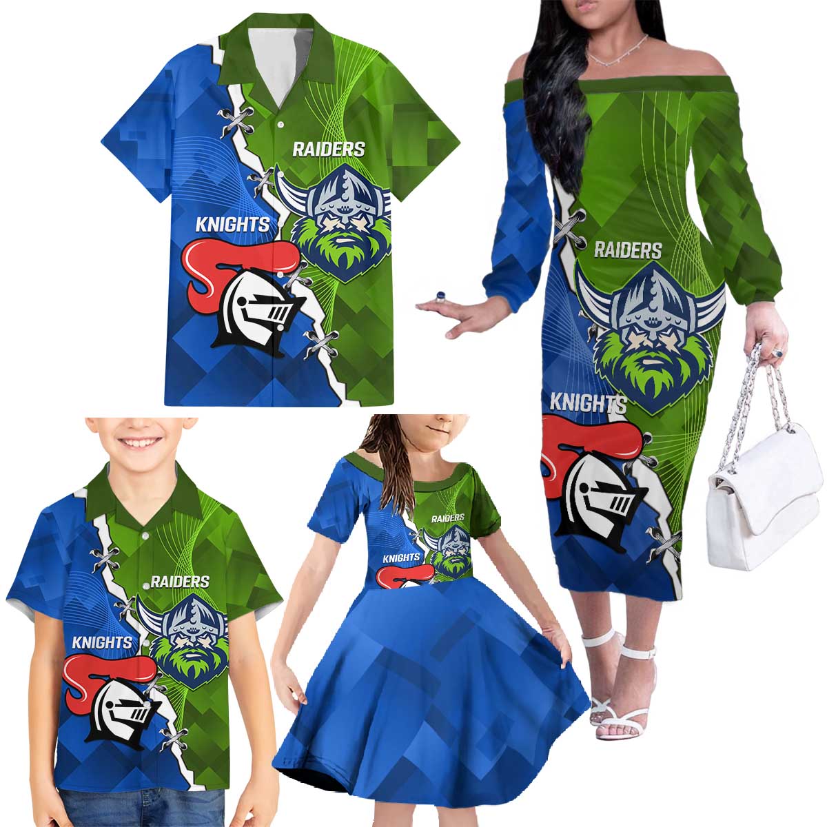 Custom Raiders And Knights Family Matching Off The Shoulder Long Sleeve Dress and Hawaiian Shirt Together Dynamic Style