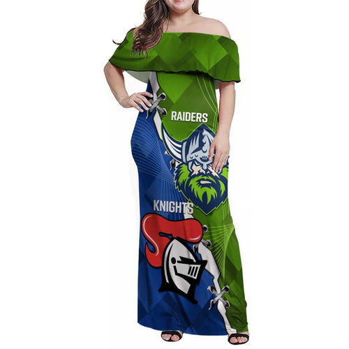 Custom Raiders And Knights Family Matching Off Shoulder Maxi Dress and Hawaiian Shirt Together Dynamic Style