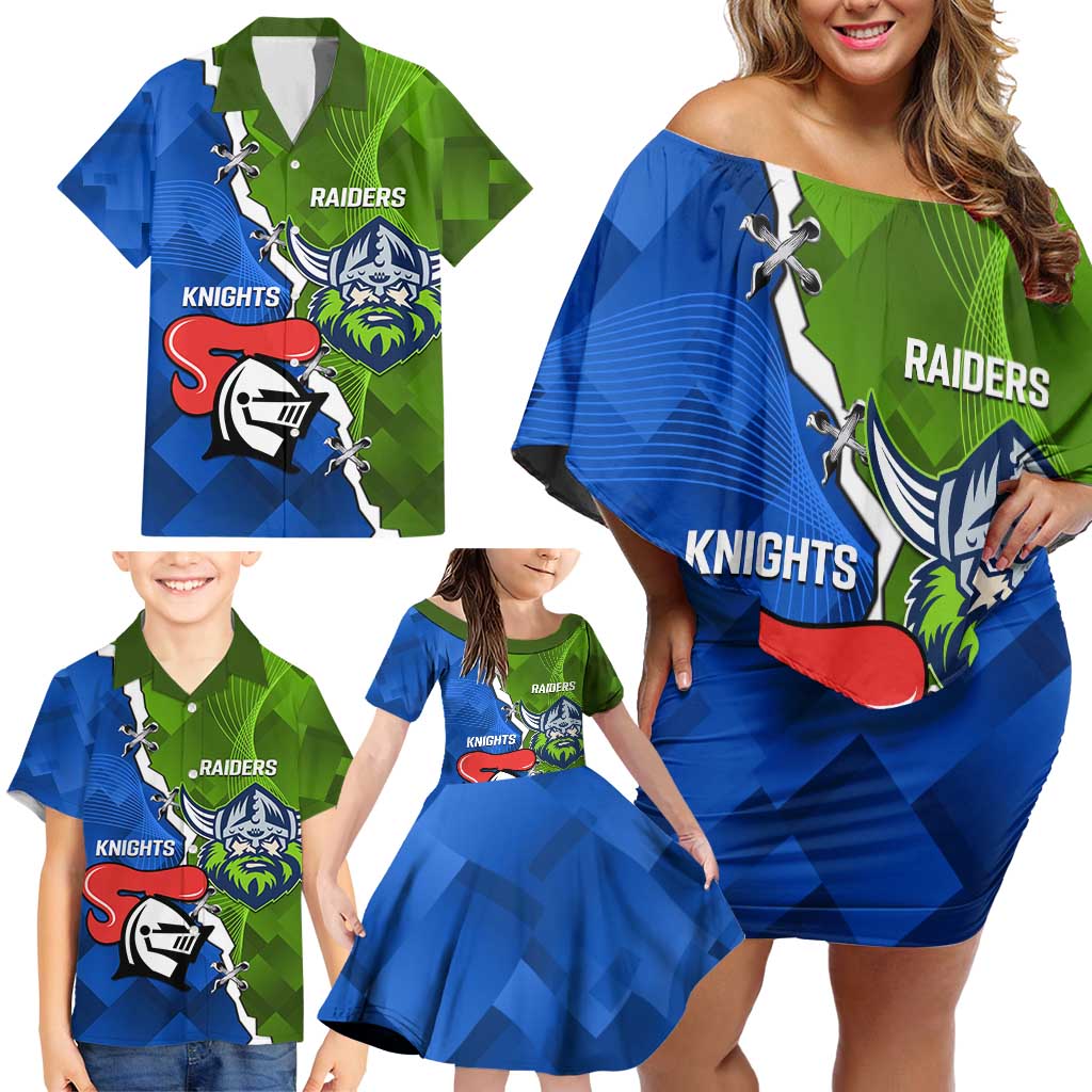 Custom Raiders And Knights Family Matching Off Shoulder Short Dress and Hawaiian Shirt Together Dynamic Style