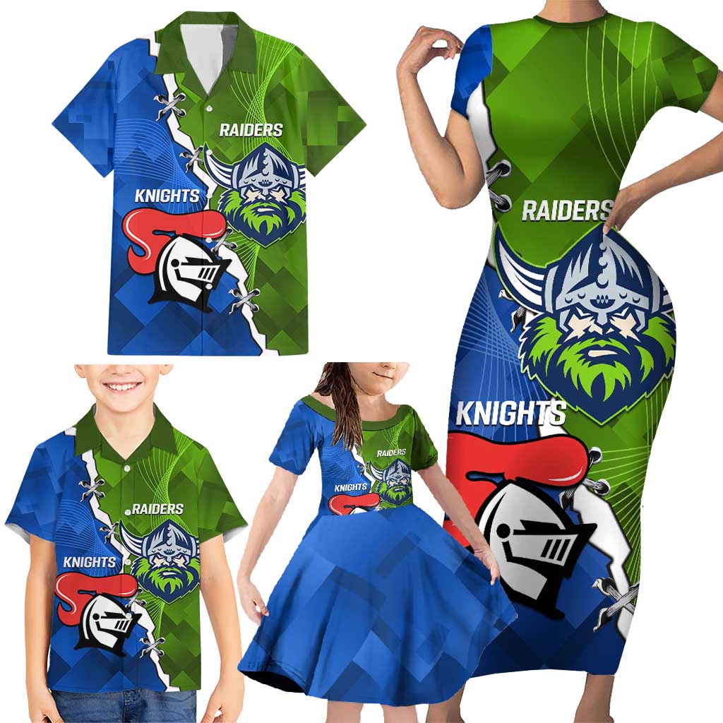 Custom Raiders And Knights Family Matching Short Sleeve Bodycon Dress and Hawaiian Shirt Together Dynamic Style