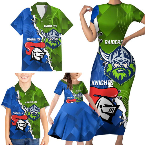 Custom Raiders And Knights Family Matching Short Sleeve Bodycon Dress and Hawaiian Shirt Together Dynamic Style