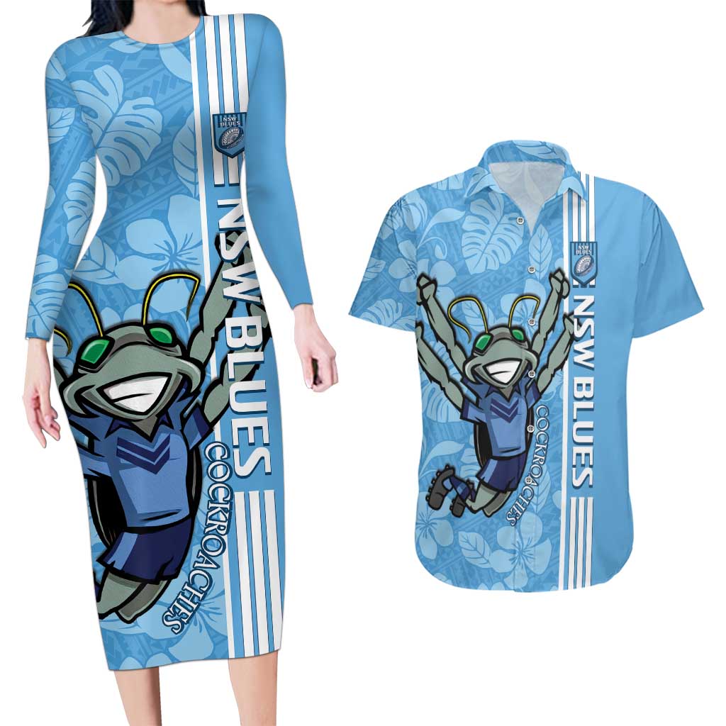 Custom NSW Blues Rugby Couples Matching Long Sleeve Bodycon Dress and Hawaiian Shirt Cockroaches Polynesian Pattern Tropical Vibes