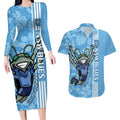 Custom NSW Blues Rugby Couples Matching Long Sleeve Bodycon Dress and Hawaiian Shirt Cockroaches Polynesian Pattern Tropical Vibes