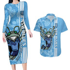 Custom NSW Blues Rugby Couples Matching Long Sleeve Bodycon Dress and Hawaiian Shirt Cockroaches Polynesian Pattern Tropical Vibes
