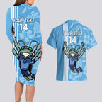 Custom NSW Blues Rugby Couples Matching Long Sleeve Bodycon Dress and Hawaiian Shirt Cockroaches Polynesian Pattern Tropical Vibes