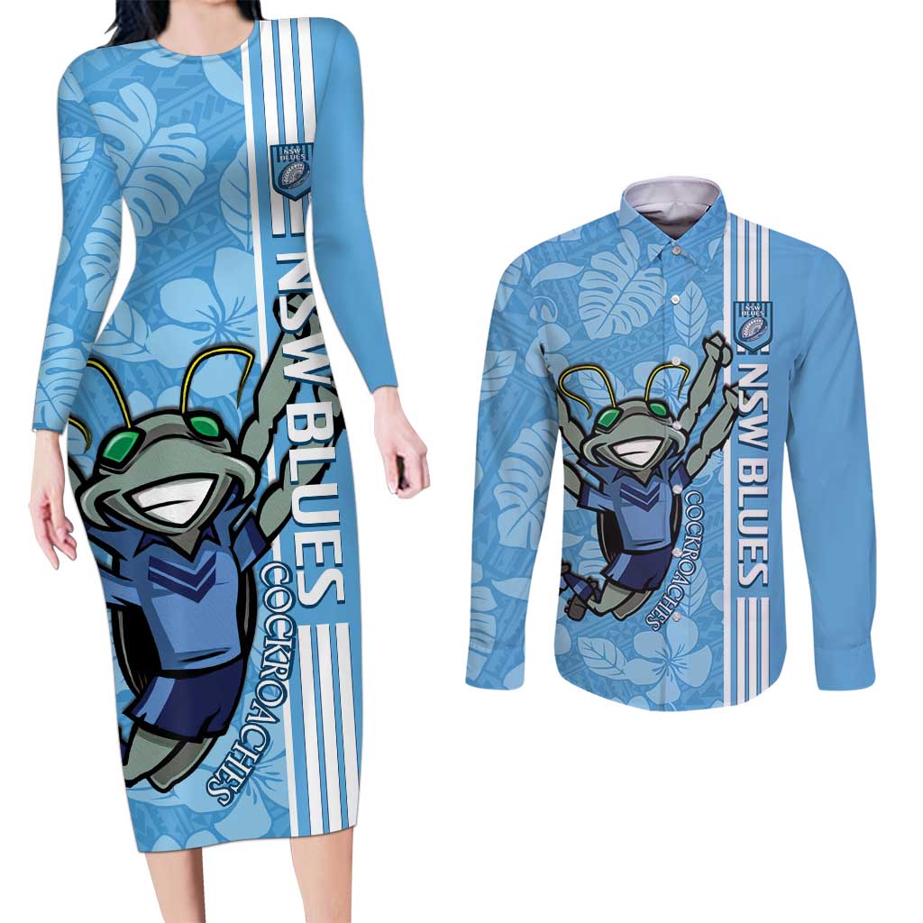 Custom NSW Blues Rugby Couples Matching Long Sleeve Bodycon Dress and Long Sleeve Button Shirt Cockroaches Polynesian Pattern Tropical Vibes