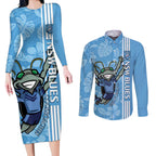 Custom NSW Blues Rugby Couples Matching Long Sleeve Bodycon Dress and Long Sleeve Button Shirt Cockroaches Polynesian Pattern Tropical Vibes