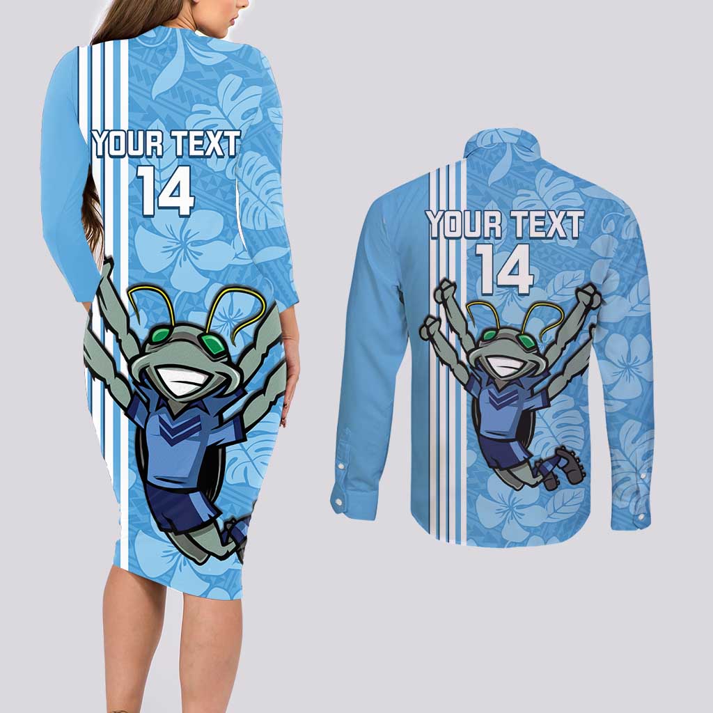 Custom NSW Blues Rugby Couples Matching Long Sleeve Bodycon Dress and Long Sleeve Button Shirt Cockroaches Polynesian Pattern Tropical Vibes