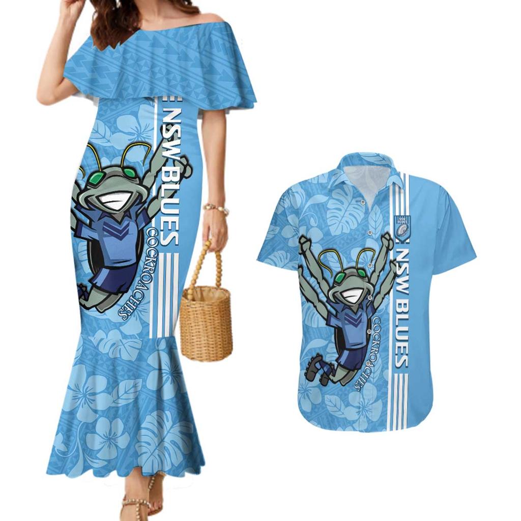Custom NSW Blues Rugby Couples Matching Mermaid Dress and Hawaiian Shirt Cockroaches Polynesian Pattern Tropical Vibes