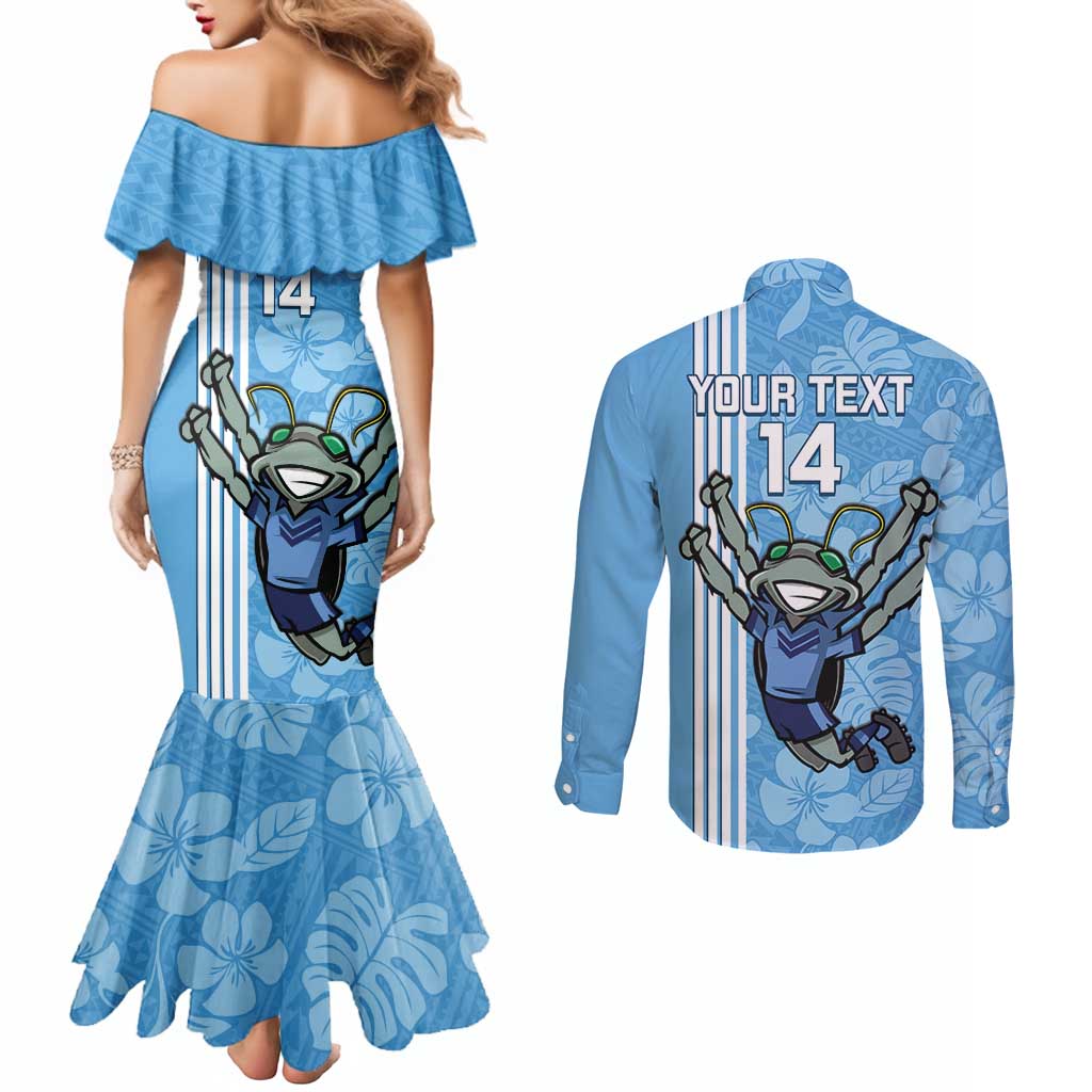 Custom NSW Blues Rugby Couples Matching Mermaid Dress and Long Sleeve Button Shirt Cockroaches Polynesian Pattern Tropical Vibes