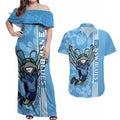 Custom NSW Blues Rugby Couples Matching Off Shoulder Maxi Dress and Hawaiian Shirt Cockroaches Polynesian Pattern Tropical Vibes