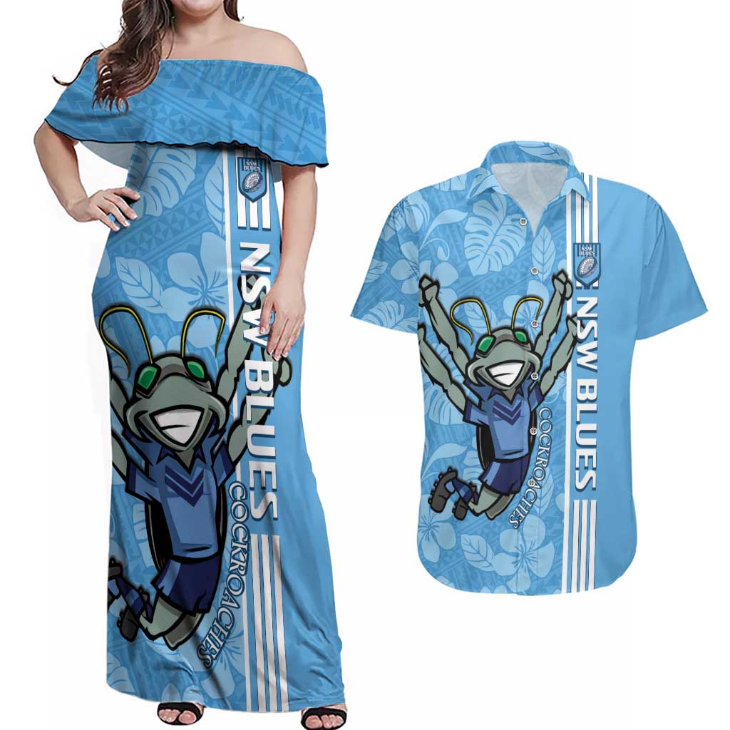Custom NSW Blues Rugby Couples Matching Off Shoulder Maxi Dress and Hawaiian Shirt Cockroaches Polynesian Pattern Tropical Vibes