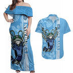 Custom NSW Blues Rugby Couples Matching Off Shoulder Maxi Dress and Hawaiian Shirt Cockroaches Polynesian Pattern Tropical Vibes
