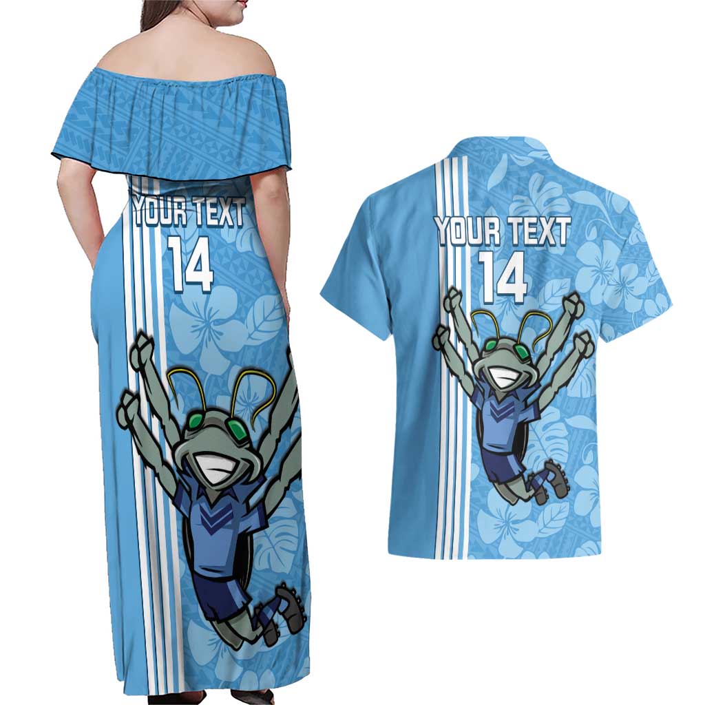 Custom NSW Blues Rugby Couples Matching Off Shoulder Maxi Dress and Hawaiian Shirt Cockroaches Polynesian Pattern Tropical Vibes
