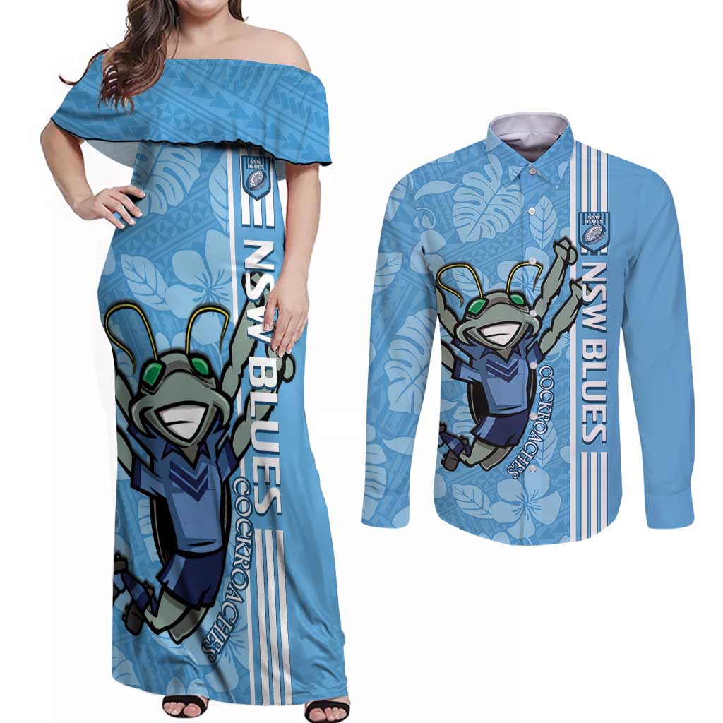 Custom NSW Blues Rugby Couples Matching Off Shoulder Maxi Dress and Long Sleeve Button Shirt Cockroaches Polynesian Pattern Tropical Vibes