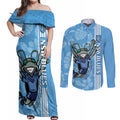 Custom NSW Blues Rugby Couples Matching Off Shoulder Maxi Dress and Long Sleeve Button Shirt Cockroaches Polynesian Pattern Tropical Vibes