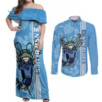 Custom NSW Blues Rugby Couples Matching Off Shoulder Maxi Dress and Long Sleeve Button Shirt Cockroaches Polynesian Pattern Tropical Vibes