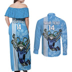 Custom NSW Blues Rugby Couples Matching Off Shoulder Maxi Dress and Long Sleeve Button Shirt Cockroaches Polynesian Pattern Tropical Vibes