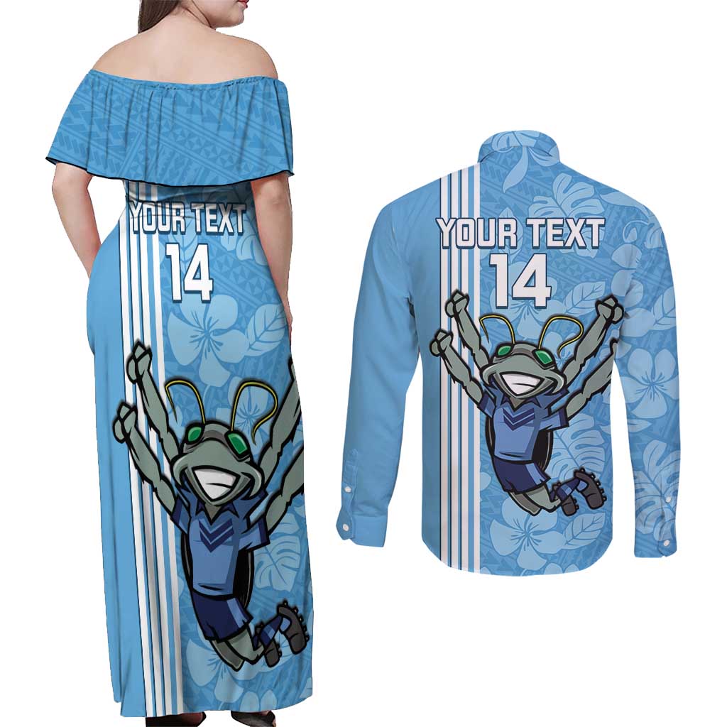 Custom NSW Blues Rugby Couples Matching Off Shoulder Maxi Dress and Long Sleeve Button Shirt Cockroaches Polynesian Pattern Tropical Vibes
