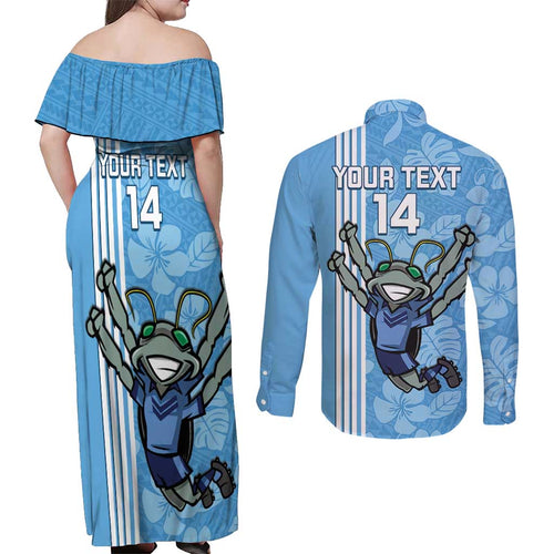 Custom NSW Blues Rugby Couples Matching Off Shoulder Maxi Dress and Long Sleeve Button Shirt Cockroaches Polynesian Pattern Tropical Vibes