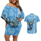 Custom NSW Blues Rugby Couples Matching Off Shoulder Short Dress and Hawaiian Shirt Cockroaches Polynesian Pattern Tropical Vibes