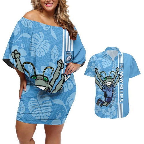 Custom NSW Blues Rugby Couples Matching Off Shoulder Short Dress and Hawaiian Shirt Cockroaches Polynesian Pattern Tropical Vibes