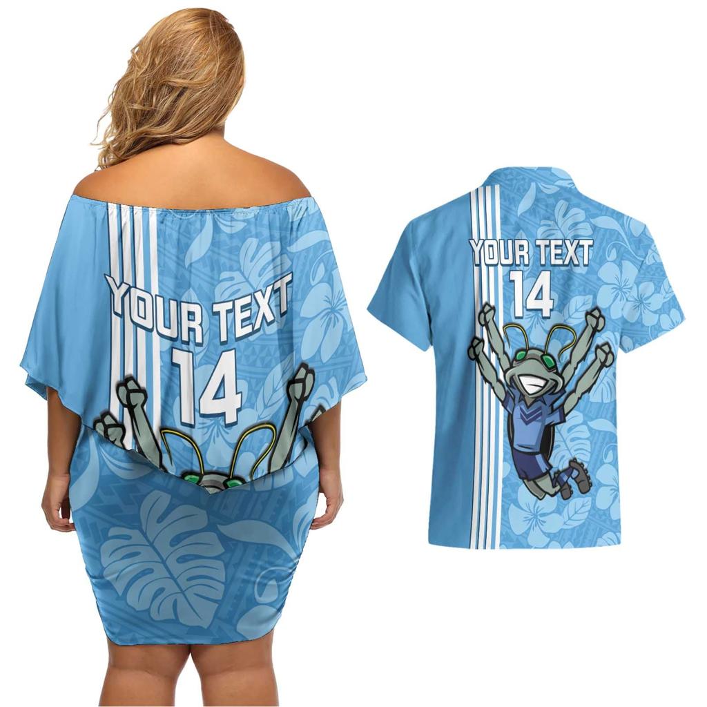 Custom NSW Blues Rugby Couples Matching Off Shoulder Short Dress and Hawaiian Shirt Cockroaches Polynesian Pattern Tropical Vibes