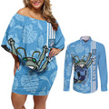 Custom NSW Blues Rugby Couples Matching Off Shoulder Short Dress and Long Sleeve Button Shirt Cockroaches Polynesian Pattern Tropical Vibes