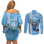 Custom NSW Blues Rugby Couples Matching Off Shoulder Short Dress and Long Sleeve Button Shirt Cockroaches Polynesian Pattern Tropical Vibes
