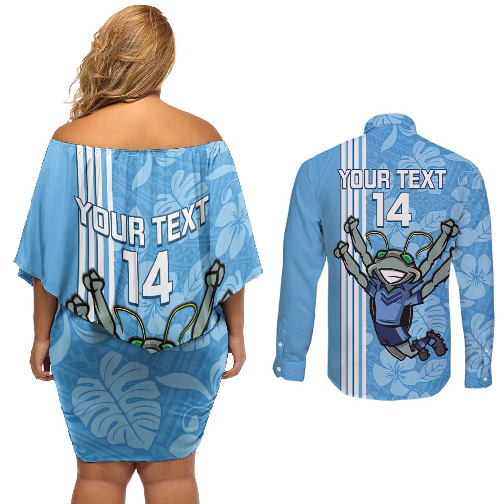 Custom NSW Blues Rugby Couples Matching Off Shoulder Short Dress and Long Sleeve Button Shirt Cockroaches Polynesian Pattern Tropical Vibes