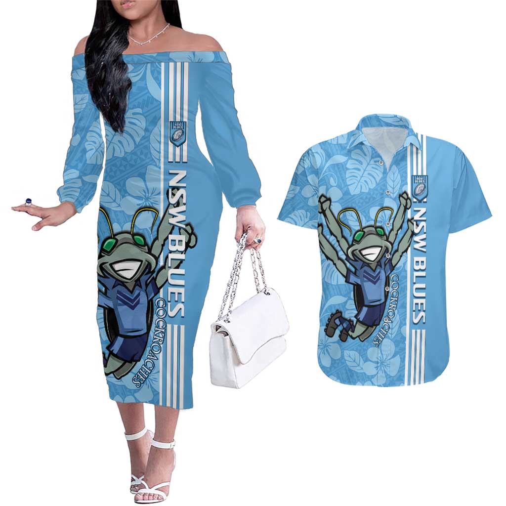 Custom NSW Blues Rugby Couples Matching Off The Shoulder Long Sleeve Dress and Hawaiian Shirt Cockroaches Polynesian Pattern Tropical Vibes