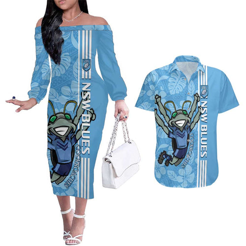 Custom NSW Blues Rugby Couples Matching Off The Shoulder Long Sleeve Dress and Hawaiian Shirt Cockroaches Polynesian Pattern Tropical Vibes