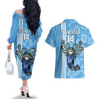 Custom NSW Blues Rugby Couples Matching Off The Shoulder Long Sleeve Dress and Hawaiian Shirt Cockroaches Polynesian Pattern Tropical Vibes