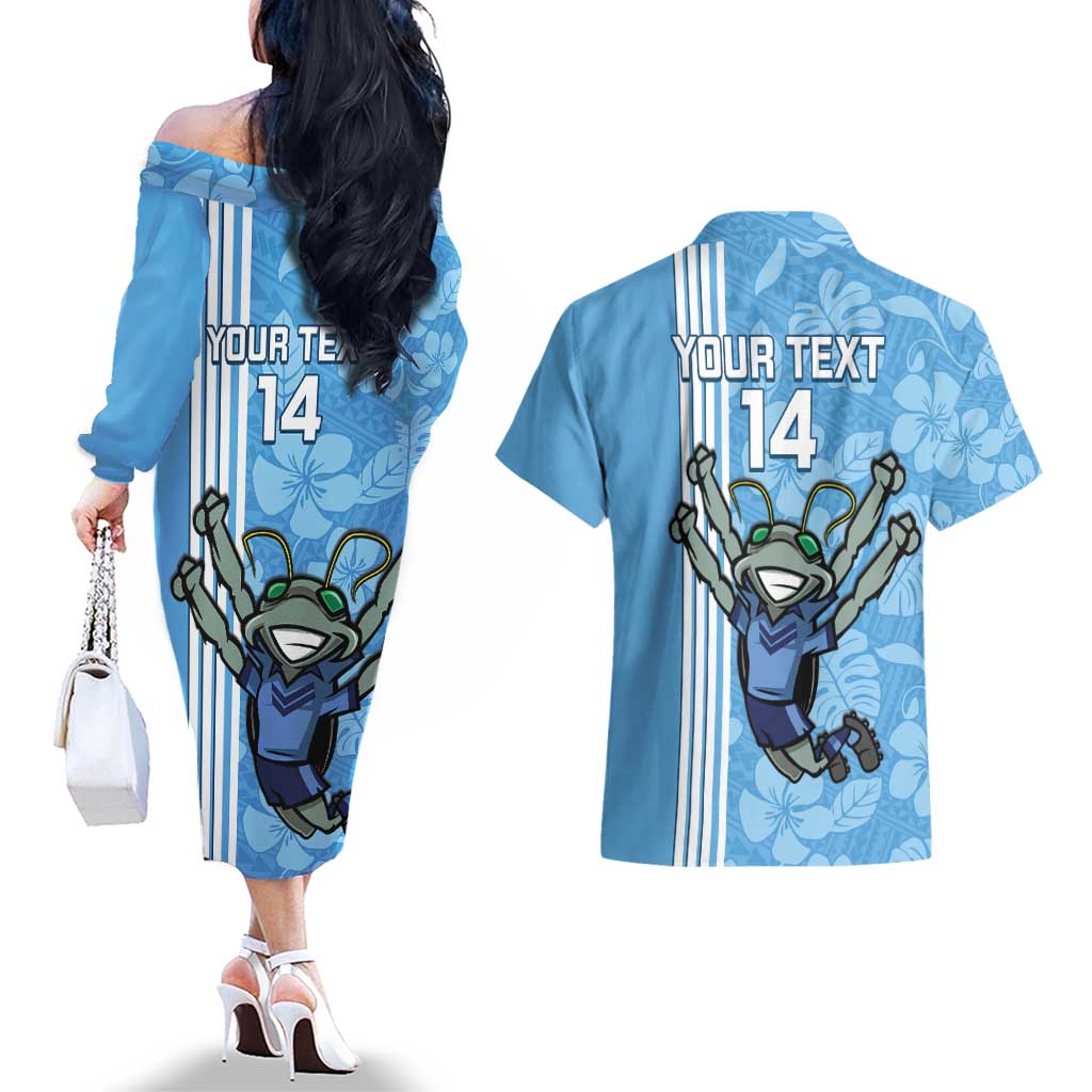 Custom NSW Blues Rugby Couples Matching Off The Shoulder Long Sleeve Dress and Hawaiian Shirt Cockroaches Polynesian Pattern Tropical Vibes
