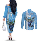 Custom NSW Blues Rugby Couples Matching Off The Shoulder Long Sleeve Dress and Long Sleeve Button Shirt Cockroaches Polynesian Pattern Tropical Vibes