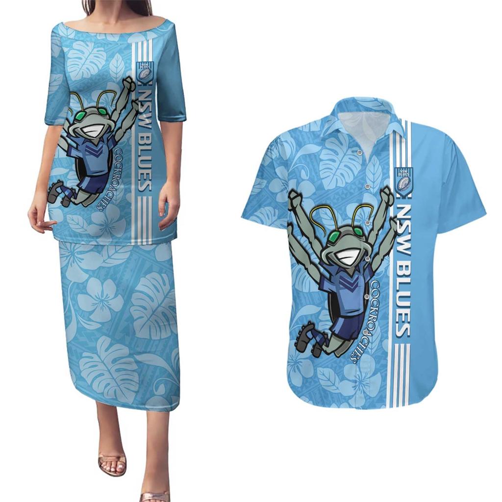 Custom NSW Blues Rugby Couples Matching Puletasi and Hawaiian Shirt Cockroaches Polynesian Pattern Tropical Vibes