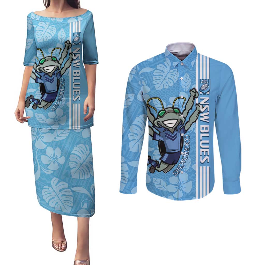 Custom NSW Blues Rugby Couples Matching Puletasi and Long Sleeve Button Shirt Cockroaches Polynesian Pattern Tropical Vibes