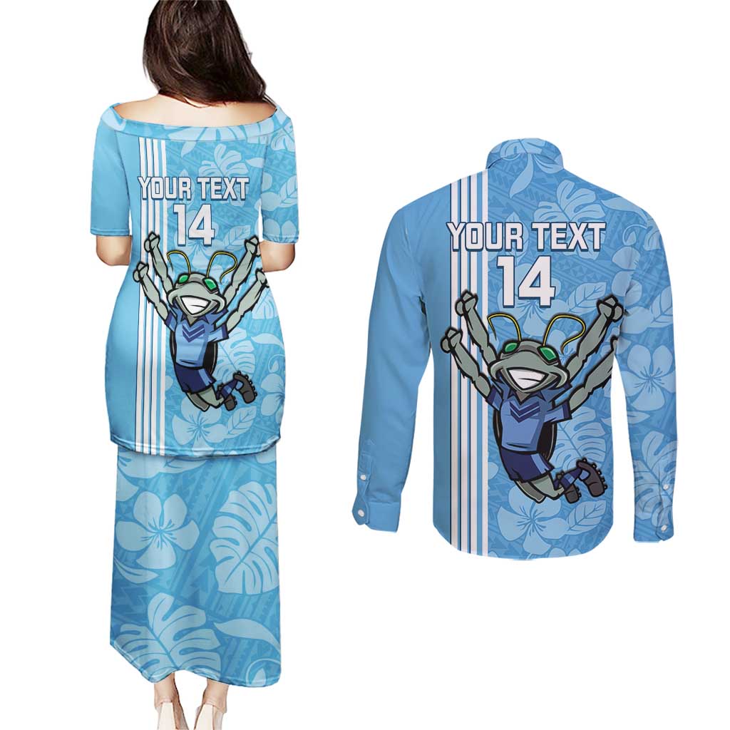 Custom NSW Blues Rugby Couples Matching Puletasi and Long Sleeve Button Shirt Cockroaches Polynesian Pattern Tropical Vibes