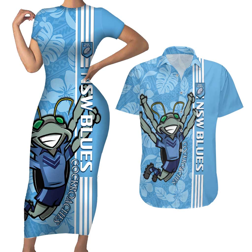 Custom NSW Blues Rugby Couples Matching Short Sleeve Bodycon Dress and Hawaiian Shirt Cockroaches Polynesian Pattern Tropical Vibes