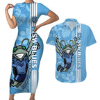 Custom NSW Blues Rugby Couples Matching Short Sleeve Bodycon Dress and Hawaiian Shirt Cockroaches Polynesian Pattern Tropical Vibes