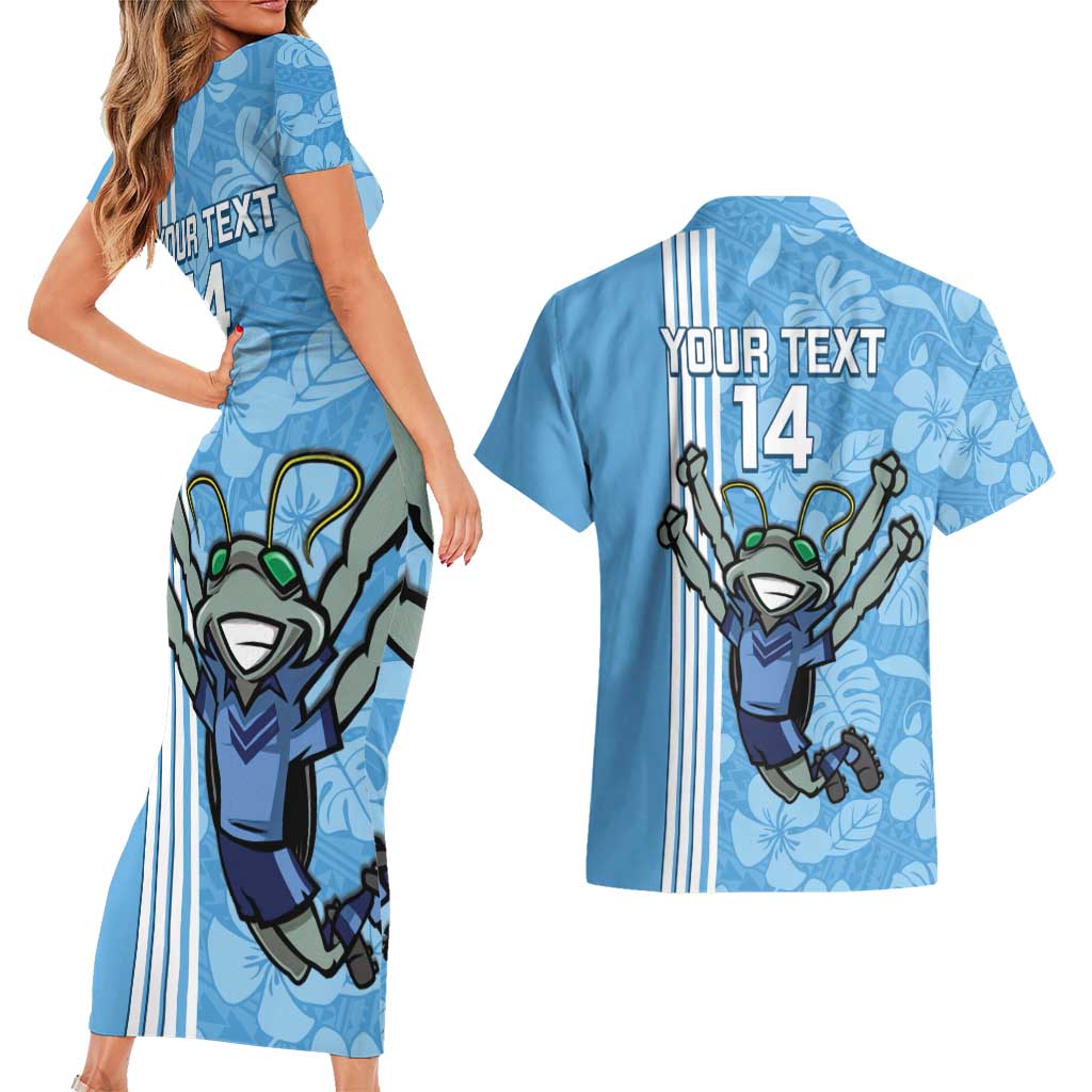 Custom NSW Blues Rugby Couples Matching Short Sleeve Bodycon Dress and Hawaiian Shirt Cockroaches Polynesian Pattern Tropical Vibes