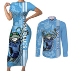 Custom NSW Blues Rugby Couples Matching Short Sleeve Bodycon Dress and Long Sleeve Button Shirt Cockroaches Polynesian Pattern Tropical Vibes