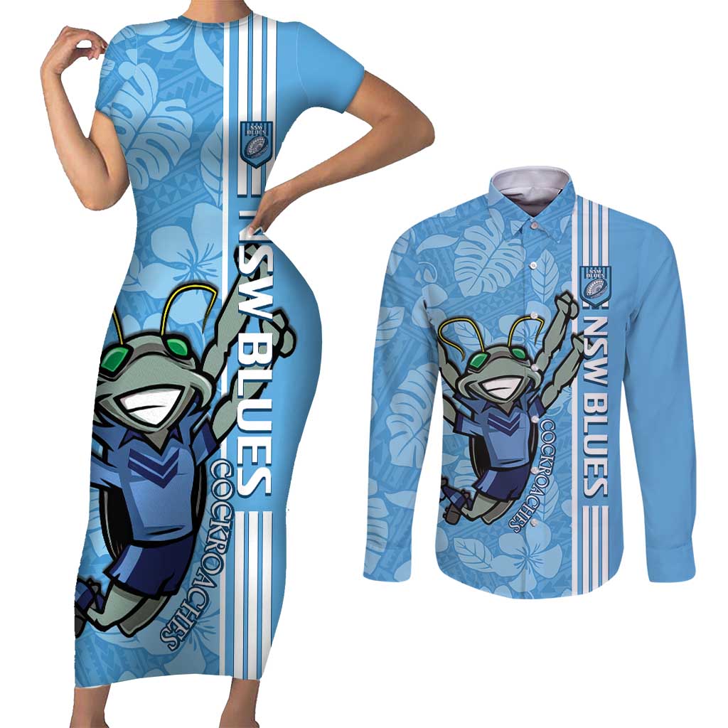 Custom NSW Blues Rugby Couples Matching Short Sleeve Bodycon Dress and Long Sleeve Button Shirt Cockroaches Polynesian Pattern Tropical Vibes