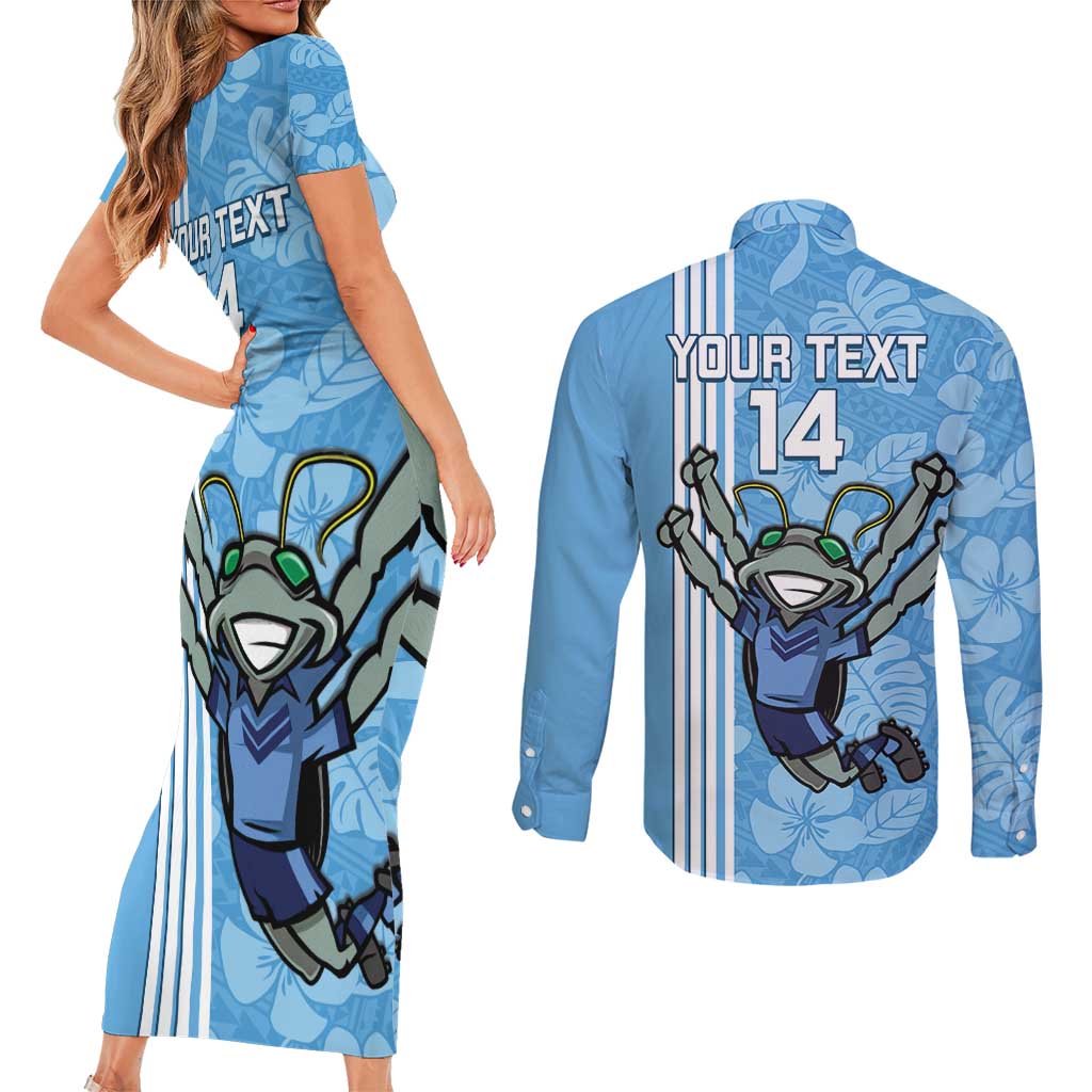 Custom NSW Blues Rugby Couples Matching Short Sleeve Bodycon Dress and Long Sleeve Button Shirt Cockroaches Polynesian Pattern Tropical Vibes