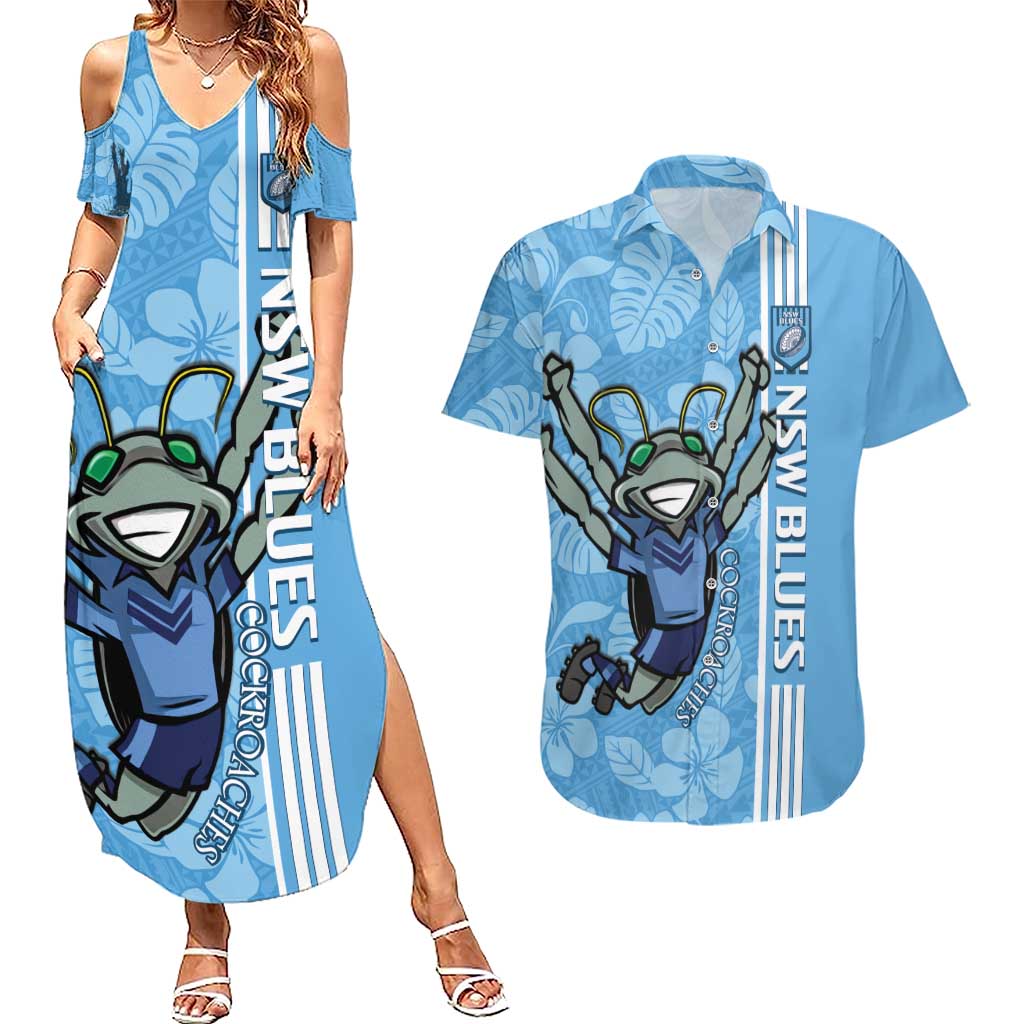 Custom NSW Blues Rugby Couples Matching Summer Maxi Dress and Hawaiian Shirt Cockroaches Polynesian Pattern Tropical Vibes