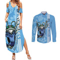 Custom NSW Blues Rugby Couples Matching Summer Maxi Dress and Long Sleeve Button Shirt Cockroaches Polynesian Pattern Tropical Vibes