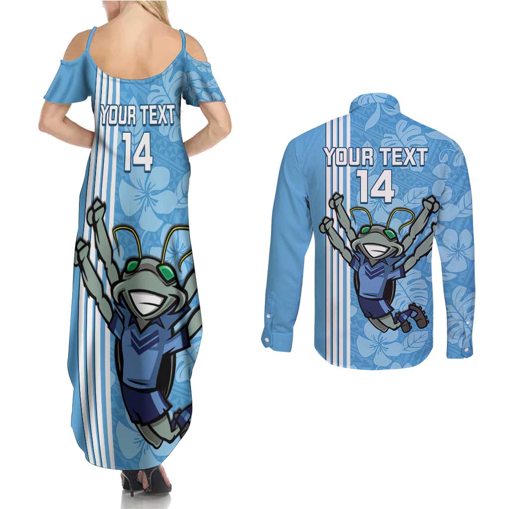 Custom NSW Blues Rugby Couples Matching Summer Maxi Dress and Long Sleeve Button Shirt Cockroaches Polynesian Pattern Tropical Vibes