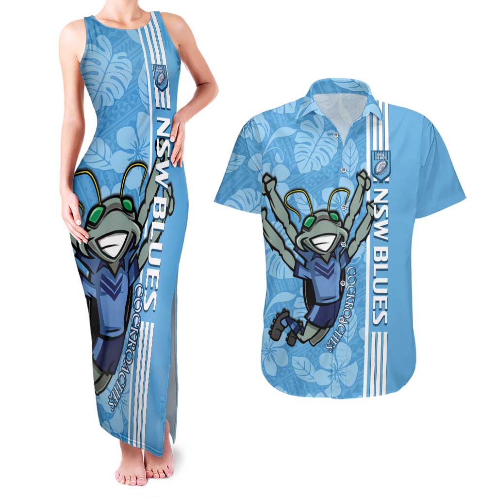 Custom NSW Blues Rugby Couples Matching Tank Maxi Dress and Hawaiian Shirt Cockroaches Polynesian Pattern Tropical Vibes