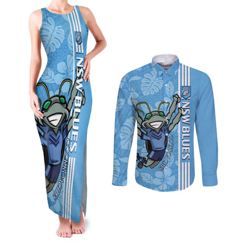 Custom NSW Blues Rugby Couples Matching Tank Maxi Dress and Long Sleeve Button Shirt Cockroaches Polynesian Pattern Tropical Vibes